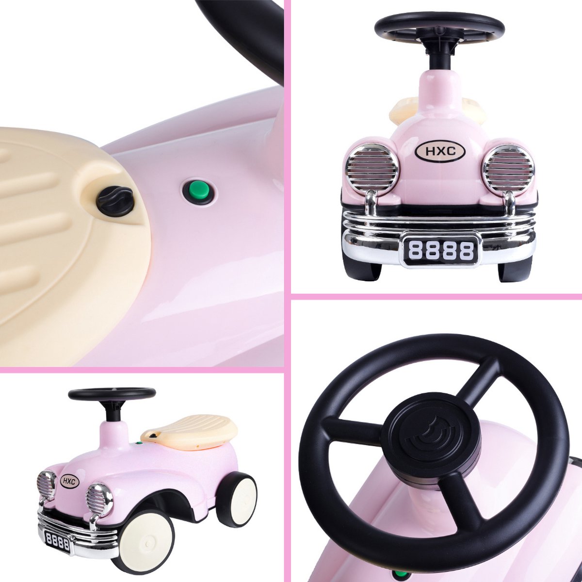 Buxibo Retro Loopauto | Loopwagen voor Jongens & Meisjes | 1-3 jaar | Veilig | Stimuleert Motorische Vaardigheden | Roze - 58x29x38cm — afbeelding 7