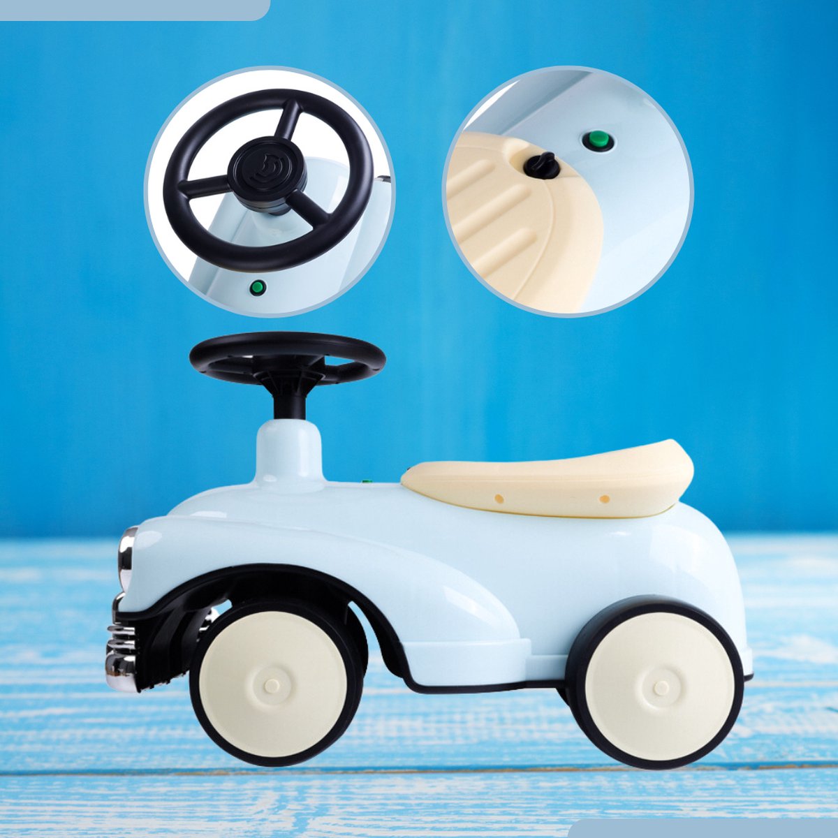 Buxibo Retro Loopauto | Loopwagen voor Jongens & Meisjes | 1-3 jaar | Veilig | Stimuleert Motorische Vaardigheden | Blauw - 58x29x38cm — afbeelding 10