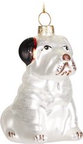 BRUBAKER Engelse Bulldog wit met Kerstmuts - Handbeschilderde Kerstbal van Glas - Handgeblazen Kerstboomversieringen Figuren Grappige Decoratieve Hangers Boombal - 7,9 cm