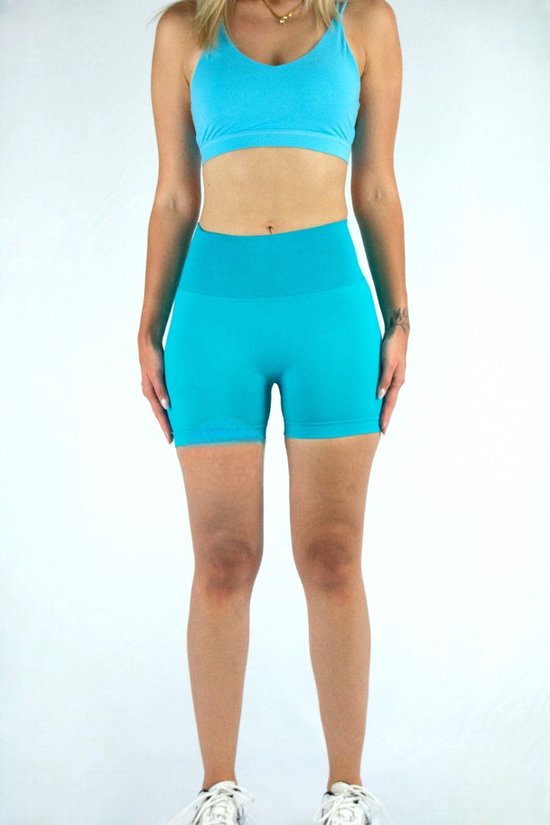 Gymhunterz - Dames Fitness sport BH's - Workout Crop Top - V-hals - Reathable & Elastisch materiaal - zweetafvoerende functie, stretch in vier richtingen - extra boterzacht handgevoel - Kleur Lichtblauw - Maat S