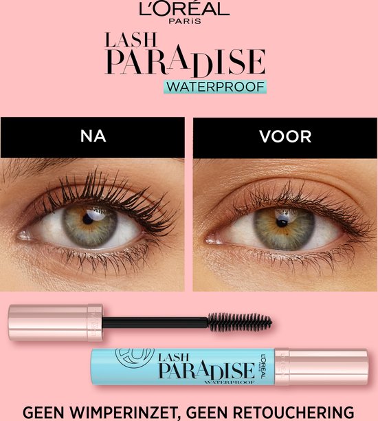 Voor en na foto van een oog met Lash Paradise Waterproof mascara. Met de mascara zien de wimpers er voller uit.