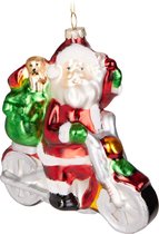 BRUBAKER Motorfiets met Kerstman Rood Groen - Handbeschilderde Kerstbal van Glas - Handgeblazen Kerstboomversieringen Figuren Grappige Decoratieve Hangers Boombal - 12 cm
