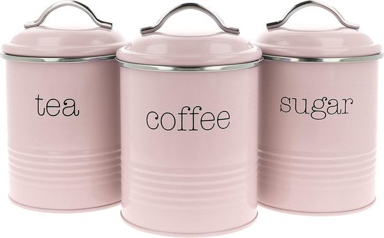 3x voorraadpotten in vintage design, ronde metalen koffiedoos met aroma sluiting, nostalgische koffie, suiker en theedoos in een set (03 stuks - 1000ml roze)