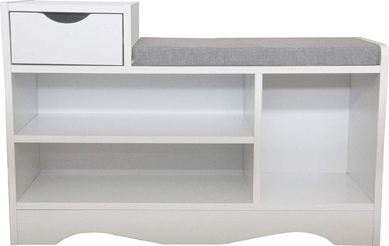 Houten schoenenbank, schoenenrek, organizer voor gangkasten met zitkussen en schuifladen voor hal en woonkamer (wit)