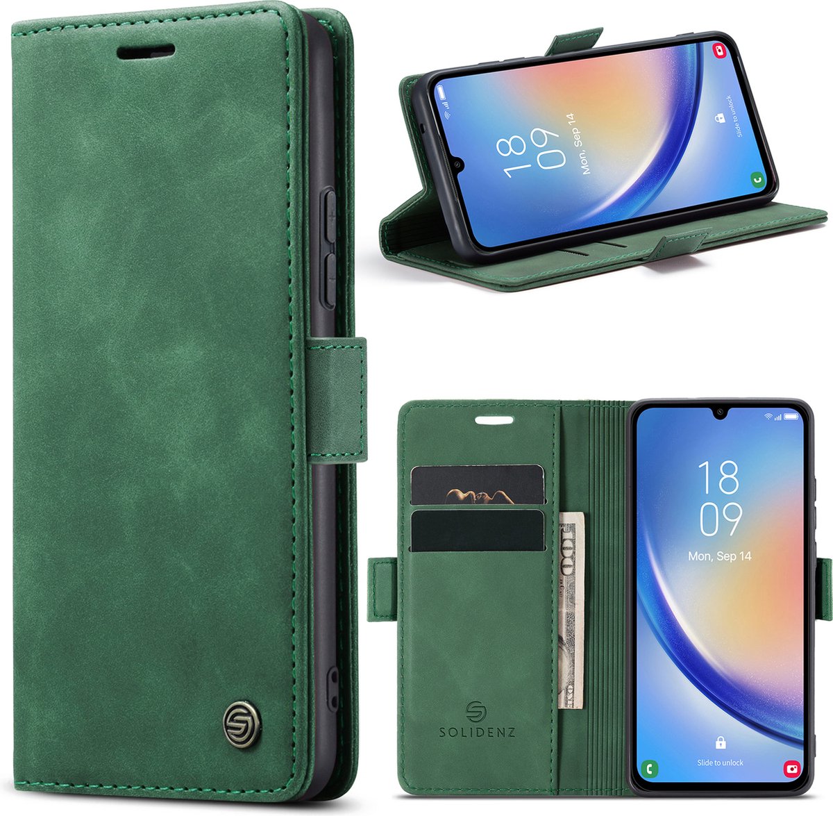Geschikt Voor Samsung Galaxy A34 Hoesje - Solidenz Urban Bookcase A34 - Telefoonhoesje A34 - A34 Case Met Pasjeshouder - PU Leren Hoes - Draadloos Opladen - Groen