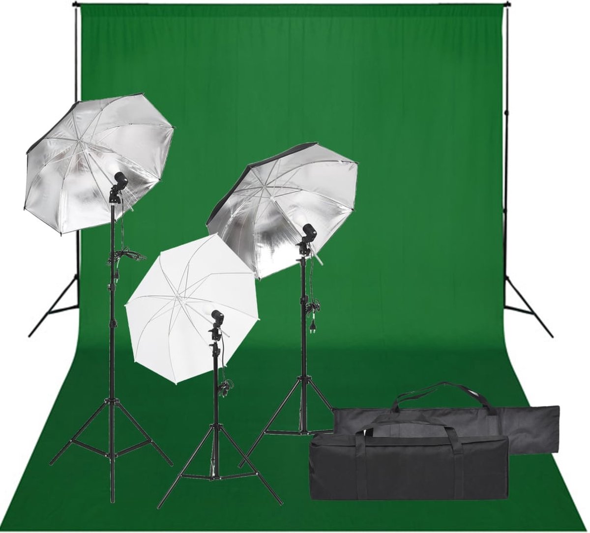The Living Store Fotostudio Set - Verlichtingsset met 3 Paraplus - Flexibel Achtergrondsysteem - 5500 Kelvin - 84 cm Paraplu Diameter - Aluminium Statieven - 500 x 300 cm Groene Achtergrond - Draagtas