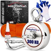 Set de pêche magnétique double Magfishion - 250 kg - Aimant de pêche - Corde de 20 mètres de long + mousqueton avec fermeture à vis - Gants - Agent de verrouillage - Kit de démarrage de pêche magnétique - Pêche magnétique - Plein air