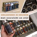 Voorbeelden van het organiseren van kruidenpotjes hangend, staand en liggend in een lade.