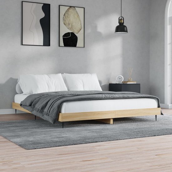 The Living Store Bedframe Sonoma Eiken - Hout/metaal - 203 x 163 x 20 cm - Geschikt voor matras 160 x 200 cm - Montage vereist
