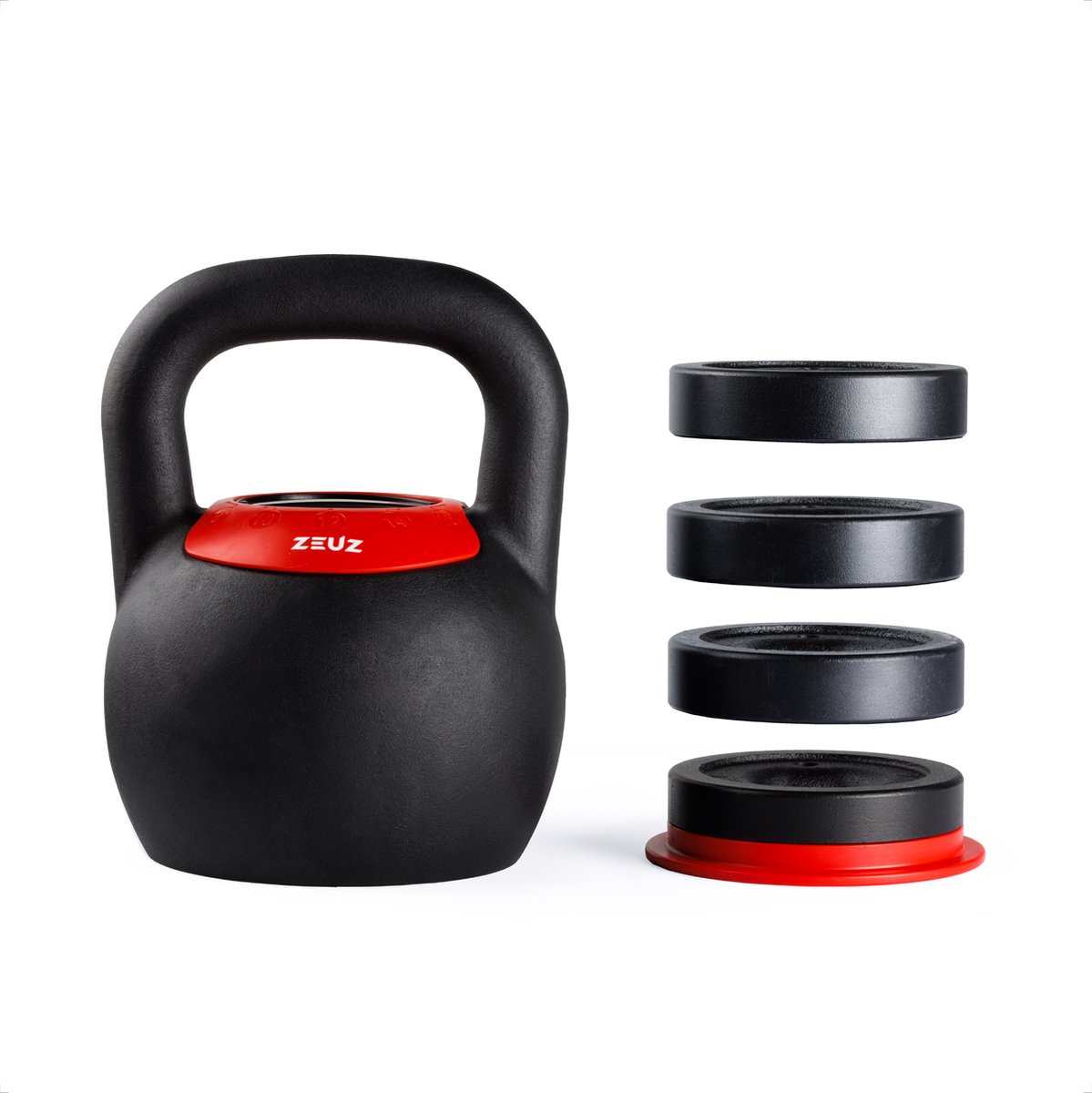 ZEUZ® Verstelbare Kettlebell tot 16 KG – Fitness Sport Set – 8 10 12 14 & 16KG Conditie & Krachttraining – Halters – Gietijzer – Zwart & Rood