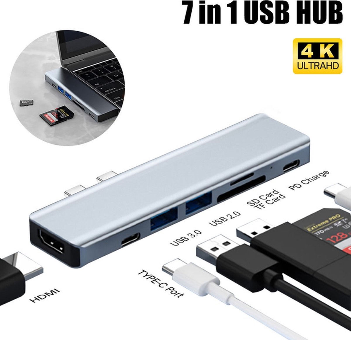 USB-C Hub DUAL USB-C adapter geschikt voor Macbook - HDMI - USB 3.0 - 2x USB-C - Micro-SD - Docking Station USB splitter - 7 poorten - Zilver - Provium