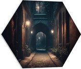 PVC Schuimplaat Hexagon - Donker Steegje in de Stad - 50x43.5 cm Foto op Hexagon (Met Ophangsysteem)