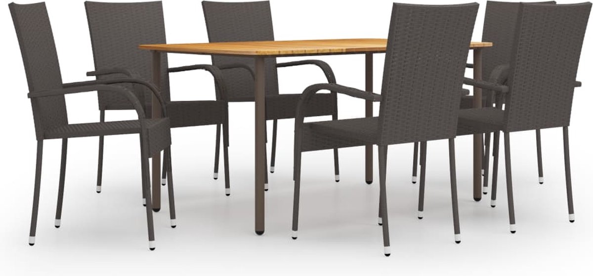 The Living Store 7-delige Tuinset poly rattan bruin - Tuinstoel - Eettafel - Acacia Hout - Buitentijd - Outdoor Furniture