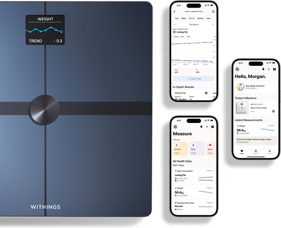 Withings Body Smart - Slimme Weegschaal - Lichaamssamenstelling, Vetpercentage, Spiermassa, Visceraal Vet, Hartslagmeting, BMR & Metabole Leeftijd, Tot 8 Gebruikers