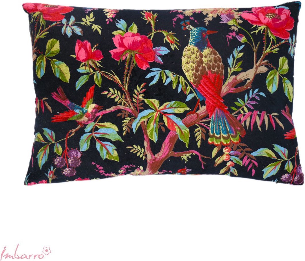 Imbarro fluwelen kussen paradise zwart met mooie print rechthoek 40 x 60 cm