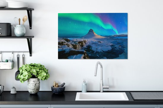Aurores boréales au-dessus de la montagne Kirkjufell en Islande toile 2cm 90x60 cm - Tirage photo sur toile (Décoration murale salon / chambre) / Phénomènes naturels Peintures sur toile