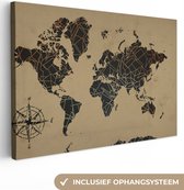 Canvas Wereldkaart - 90x60 - Wanddecoratie Wereldkaart - Vintage - Kompasroos