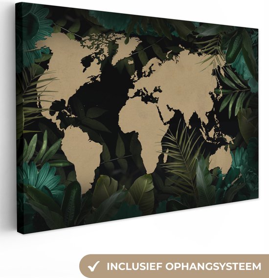 Canvas Wereldkaart - 120x80 - Wanddecoratie Wereldkaart - Zwart - Planten