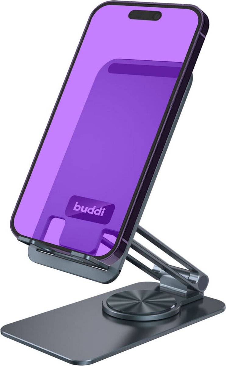 Buddi Draaibare Bureau Houder | Universeel voor Smartphone, Tablet en iPad | Telefoonstandaard | Opvouwbaar | Verstelbaar | Grijs