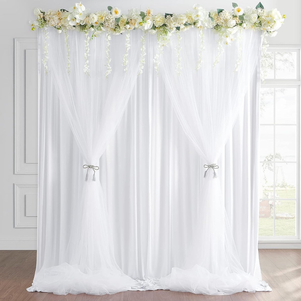 2 Rideaux De Mariage En Polyester Blanc (0,76x6 M) + 10 Boules Fleurs Papier - Décoration Élégante Pour Fêtes, Photos, Événements