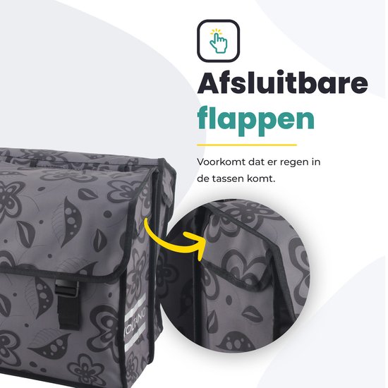 Voltano Dubbele Fietstas Floral Fusion - Grijs Met Bloemen - 38 Liter - 100% Waterdicht Polyester - Vrolijke Fietstassen