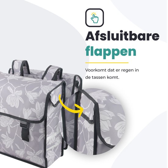 Voltano Dubbele Fietstas Rose Harmony - Licht Grijs Met Bloemen - 38 Liter - 100% Waterdicht Polyester - Vrolijke Fietstassen van Voltano — afbeelding 4