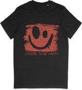 T Shirt Heren en Dames (Unisex) Be Happy Smiley Rode Grunge Print Opdruk - Zwart - Maat M
