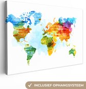 Canvas Wereldkaart - 140x90 - Wanddecoratie Wereldkaart - Waterverf - Regenboog - Kinderen - Jongens - Meisjes