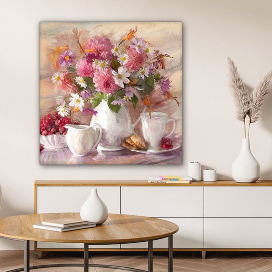 Toile - Peinture - Fleurs - Vase - Huile - 90x90 cm - Décoration murale