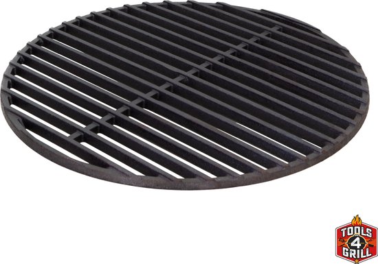 Een rond, zwart gietijzeren grillrooster met rechte spijlen.