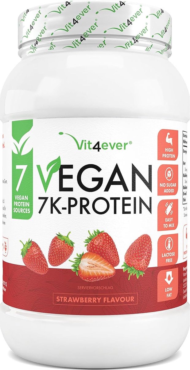 Vit4ever - Vegan 7K Protein - 1kg - Aardbei Smaak - Puur plantaardig proteïnepoeder met rijst-, amandel-, soja-, erwten-, hennep-, cranberry- en zonnebloemproteïne
