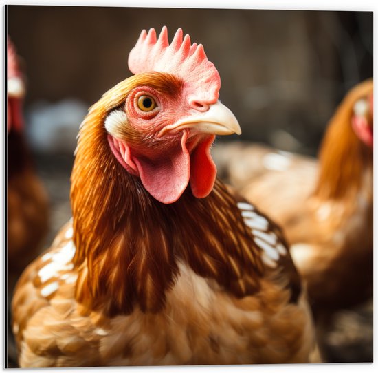 Dibond - Bruine hanen staan buiten in de kippen ren - 50x50 cm Foto op Aluminium (Met Ophangsysteem)