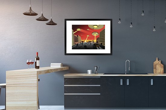 Image encadrée - Une illustration d'OVNIS attaquant un cadre photo de ville noir avec passe-partout blanc 80x60 cm - Affiche encadrée (Décoration murale salon / chambre)