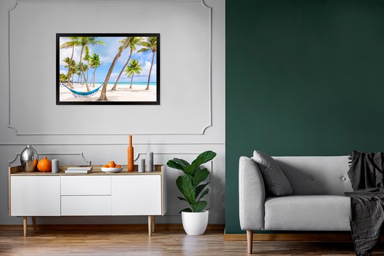 Photo encadrée - Hamac entre palmiers sur la plage près du cadre photo République Dominicaine noir 90x60 cm - Affiche encadrée (Décoration murale salon / chambre) / Mer et plage