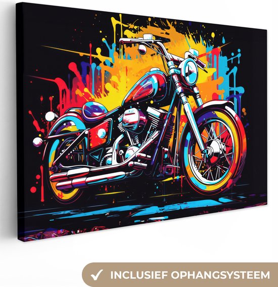 Canvas Schilderij Motor - Bike - Graffiti - Neon - Kleuren - 60x40 cm - Wanddecoratie