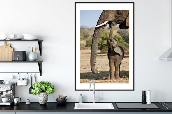 Affiche avec cadre Éléphants - Bébé éléphant communique avec sa mère - Cadre photo noir - 80x120 cm - Affiche avec cadre