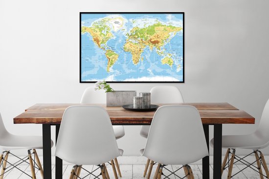 Poster in lijst - Fotolijst 120x80 cm - Posters - Wereldkaart - Staatkundig - Blauw - Aarde - Educatief - Posterlijst zwart - Decoratie - Wanddecoratie woonkamer - Muurdecoratie slaapkamer