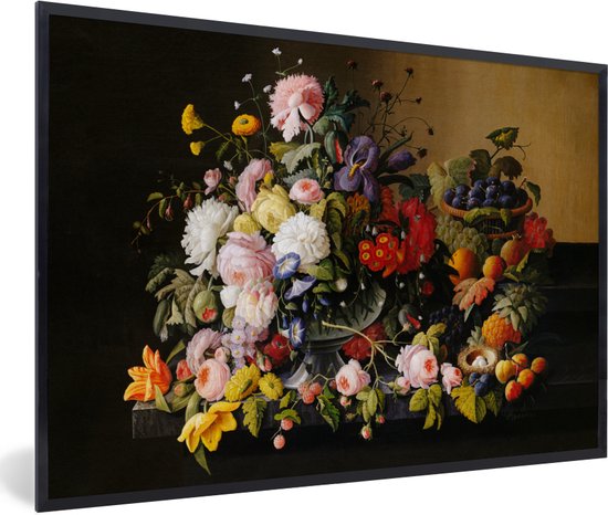 Fotolijst incl. Poster - Stilleven met bloemen en fruit - Kunstwerk - Oude meesters - 120x80 cm - Posterlijst