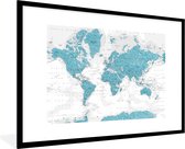 Fotolijst incl. Poster - Wereldkaart - Blauw - Topografie - 120x80 cm - Posterlijst