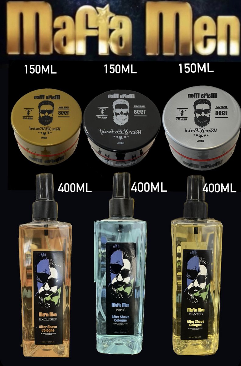 6-Pack Haar Wax & Aftershave cologne Mix Voordeelbundel Mafia Men Haarwax Privé 6 -Exclusief 8 - Wanted 10 - 150-450ml + 3 Aftershave cologne Mafia Men Eau de Cologne 400-1200ml