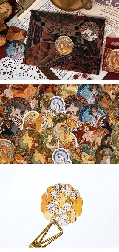 Stickers met Art Nouveau afbeeldingen van vrouwen, bloemen en decoratieve patronen. Diverse formaten en vormen.