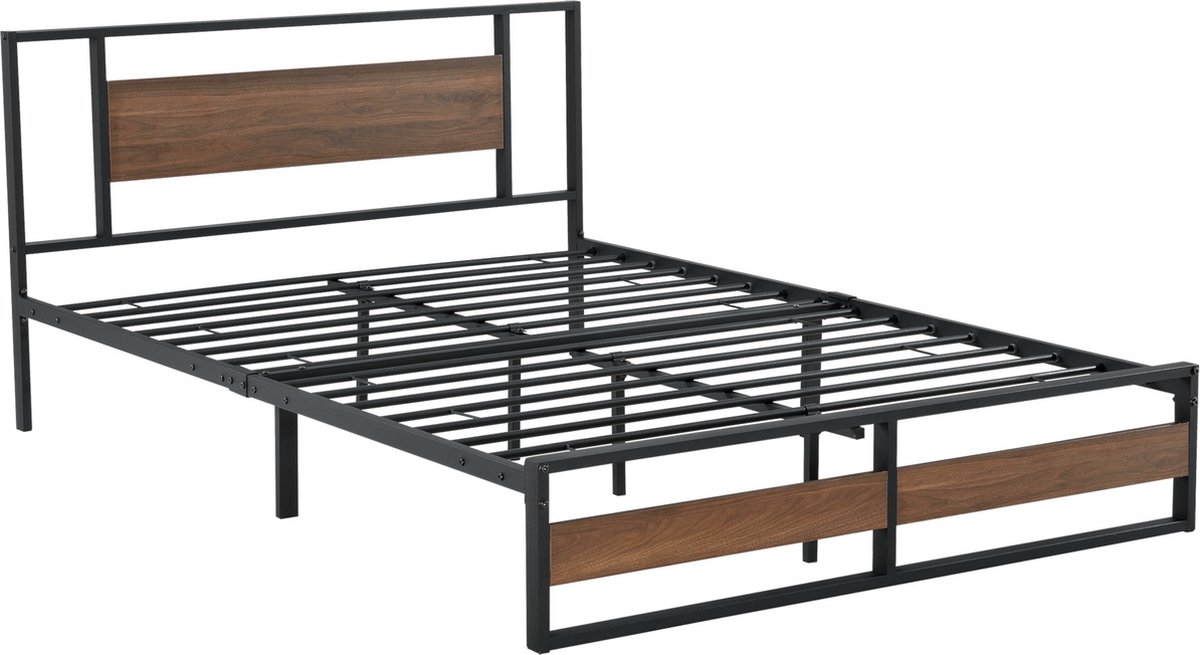 Metalen bed Hatty - Bedframe - 140x200 cm - Zwart en Walnoot - Modern design
