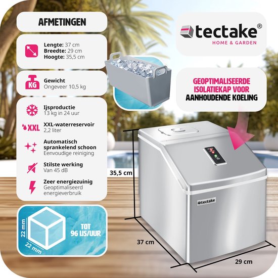 tectake® Professionele IJsblokjesmachine - IJsblokjesmaker voor Heldere IJsblokjes - 13 kg per 24 Uur - 2,2 Liter Watertank - 24 IJsblokjes per Cyclus - Inclusief Ijsschep - Zilver — afbeelding 4