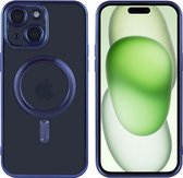 Hoesje Geschikt voor iPhone 15 met magnetisch ring - Lens beschermer – backcover – Transparant / Blauw