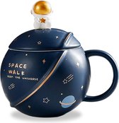Leuke ruimte keramische mok, Kawaii astronaut koffiekopje, grappige mokken met deksel en lepel, gepersonaliseerde bekers voor koffie, thee en melk, Moederdag geschenken mok, verjaardagscadeaus voor vrouwen/kinderen, 400ML (donkerblauw)