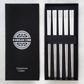 KoreanVibe Chopsticks Set - Eetstokjes - Vaatwasserbestendig - RVS - 5Paar - Zilver/Wit