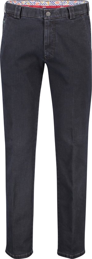 Donkerblauwe chino broek met een kleurrijke gestreepte voering aan de tailleband.
