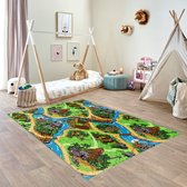 Carpet Studio Dino Speelkleed - Speelmat 95x133cm - Vloerkleed Kinderkamer - Anti-slip Speeltapijt - Verkeerskleed - Groen/Grijs