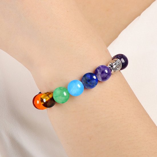 Bracelet Améthyste avec Pierres Précieuses Bouddha et Chakra - Bracelet Droit 19CM avec Bouddha