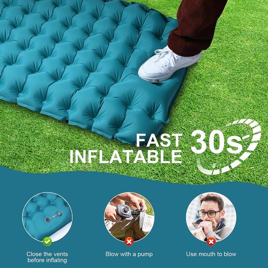 Camping isomat, zelfopblazend, met voetperspomp, 10 cm dik, waterdicht, isomat met hoofdkussen, outdoor opblaasbare luchtmatras, opvouwbare slaapmat voor outdoor, camping, blauw van Camp — afbeelding 3